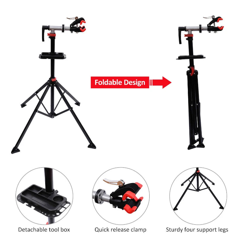 Black Folding Bike Repair Stand with Tool Tray