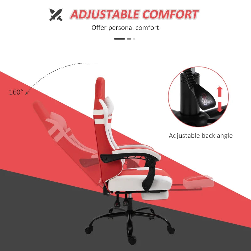 Red White Gaming Chair with Headrest, Footrest, Wheels - Adjustable Height