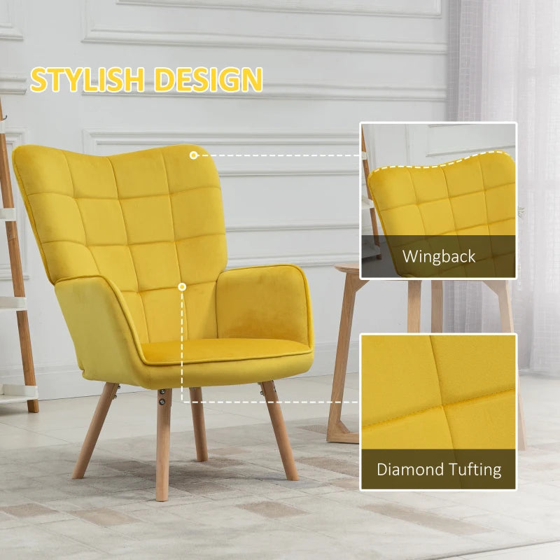 Yellow Velvet Tufted Wingback Armchair with Wood Legs