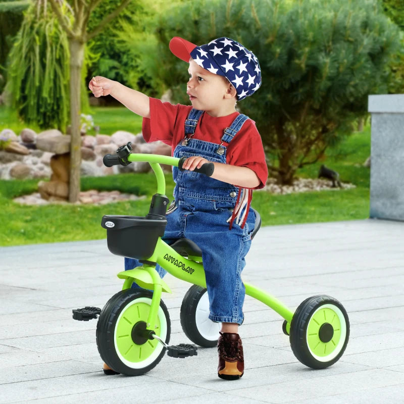 Green Kids Trike with Adjustable Seat, Basket & Bell - Ages 2-5