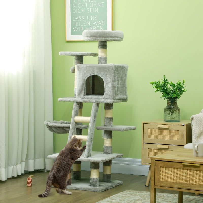 Grey Cat Tree with Scratching Post, House, Hammock, Toy Balls - 132cm