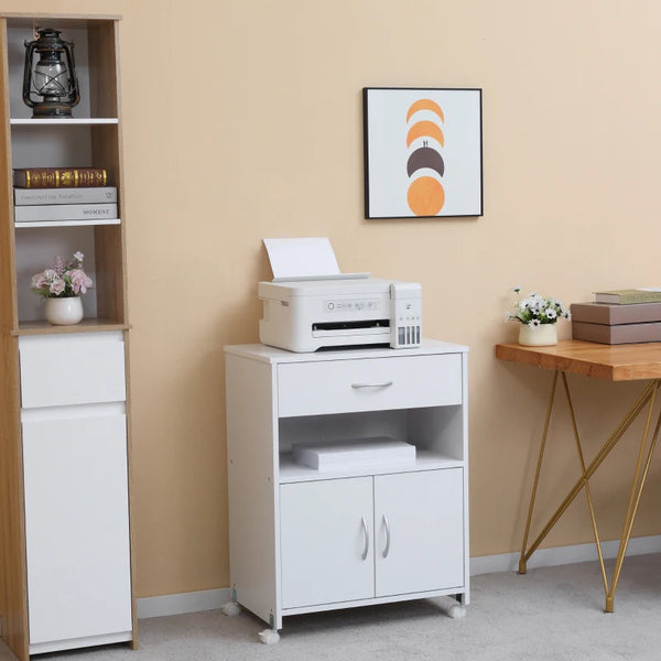 White Printer Stand with Storage Drawer for Home Office