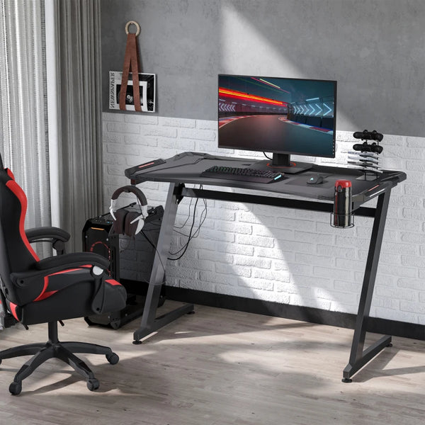 Carbon Fibre Gaming Desk, Black, Gamer Workstation with Storage