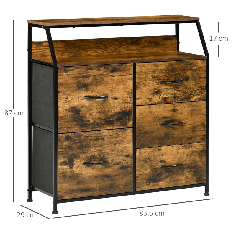 Rustic Brown 5-Drawer Fabric Dresser with Open Shelf