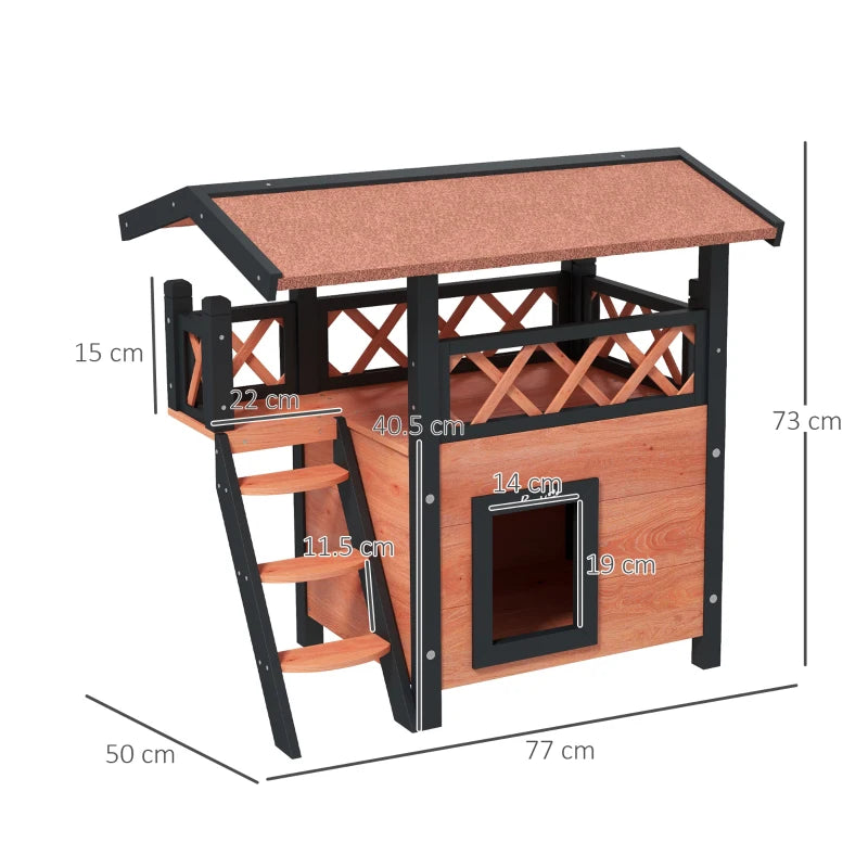 Brown Outdoor Cat House with Balcony and Stairs, 77 x 50 x 73 cm