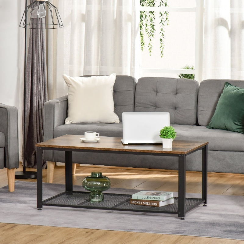 Rustic Brown Industrial Coffee Table with Mesh Shelf