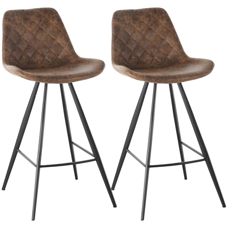 Brown Microfiber Bar Stools Set of 2 - Padded Steel Frame Footrest - Quilted Design