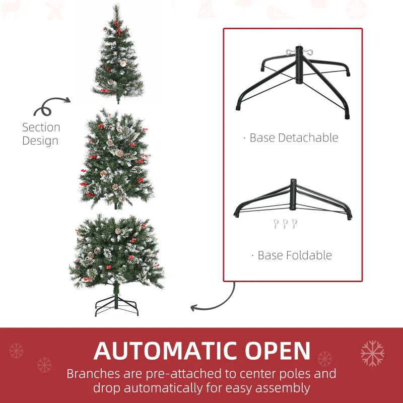 7 Ft Snow Dipped Slim Pencil Christmas Tree with Realistic Branches, Pine Cones, Red Berries - Green