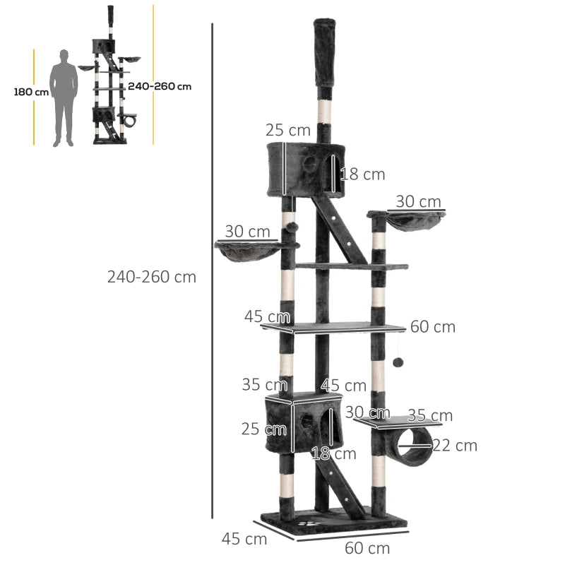 Adjustable Floor-to-Ceiling Cat Tower with Condos and Hammocks, Dark Grey