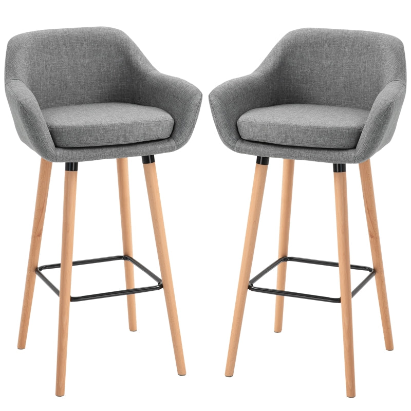 Grey Upholstered Bar Stools Set of 2 - Modern Metal Frame, Solid Wood Legs