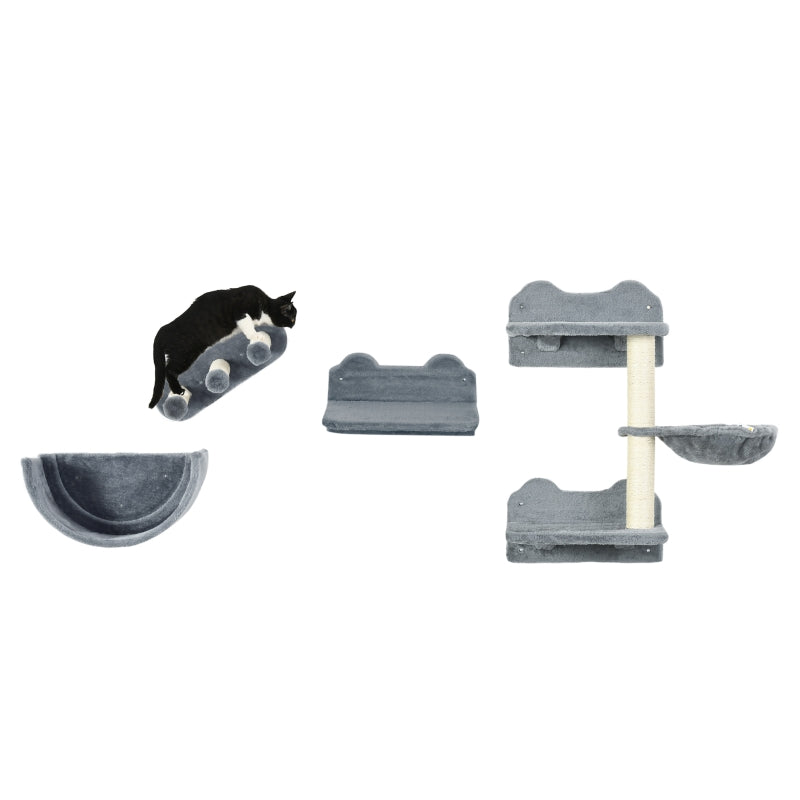 Grey Cat Wall Shelves Set with Scratching Post, Hammock, Nest - 4PCs