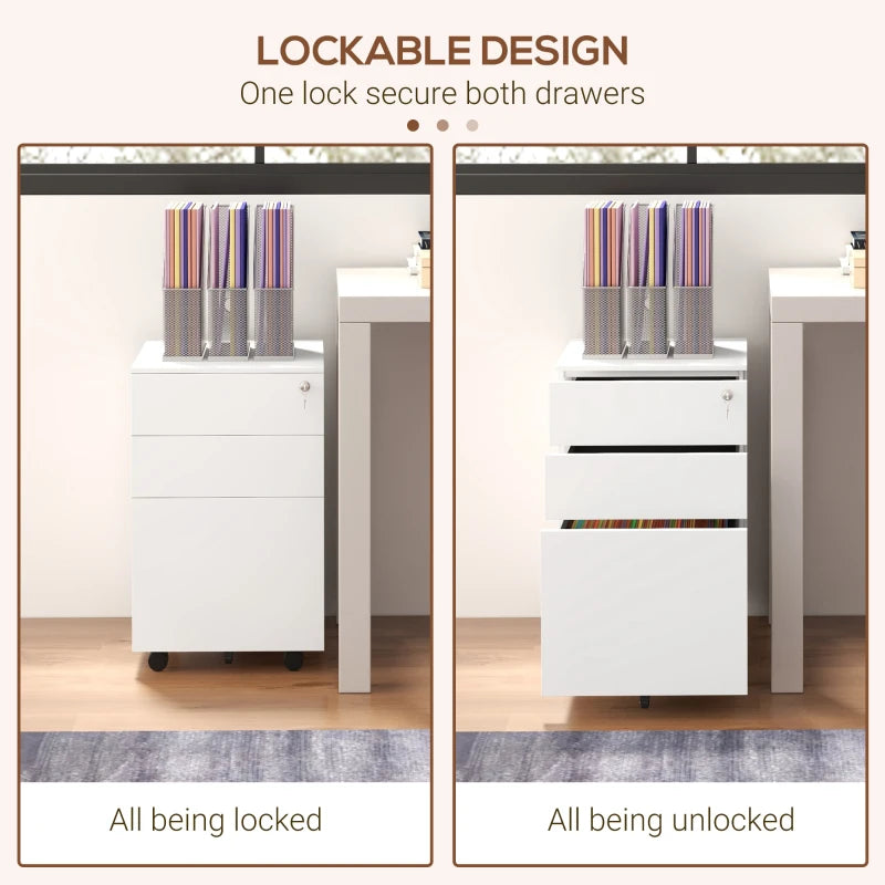 White 3-Drawer Steel Filing Cabinet with Lock and Wheels