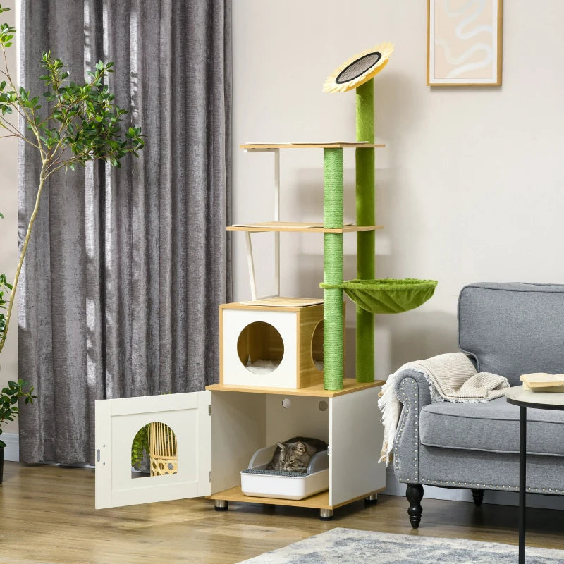 Oak Tone Cat Tree with Litter Box, Scratching Post, House & Hammock