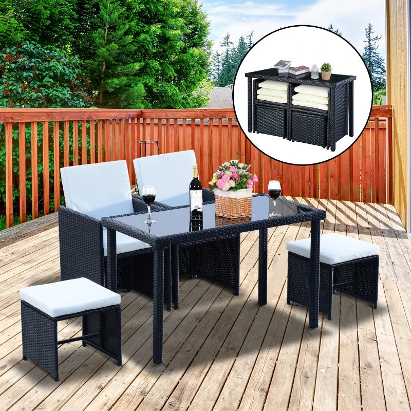 5-Piece Black Rattan Garden Furniture Set with Cushions