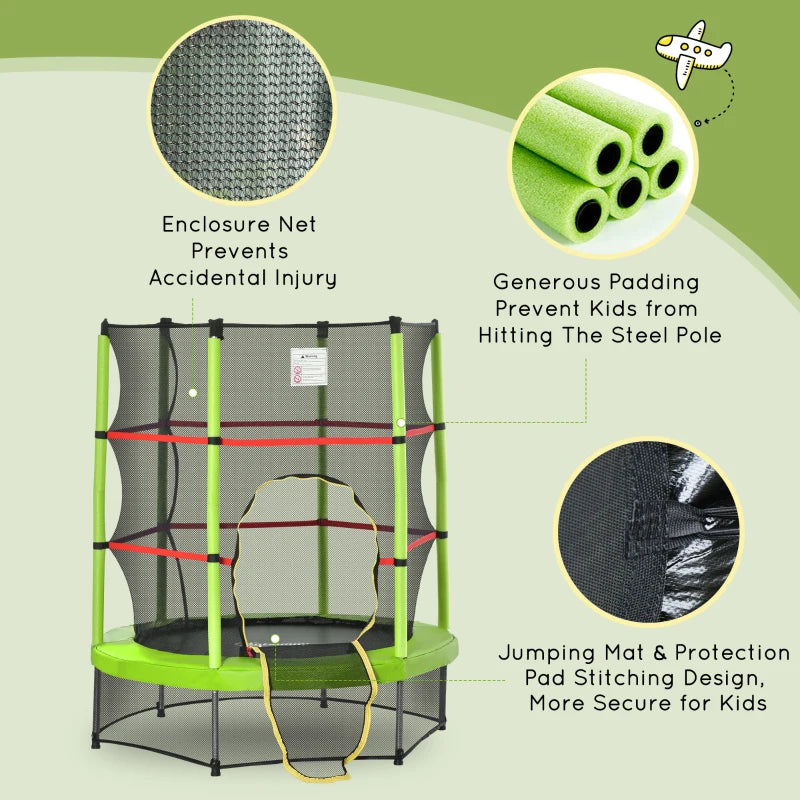 Green Kids Trampoline with Enclosure Net - 5.2FT Indoor Bouncer for Ages 3-6