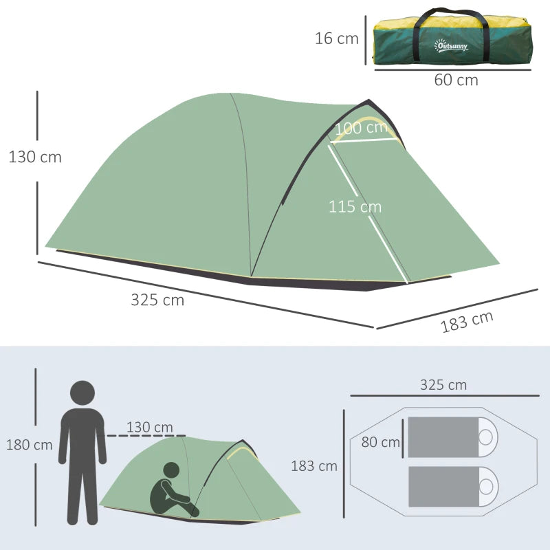 2-Person Waterproof Dome Camping Tent with Large Windows in Green and Yellow