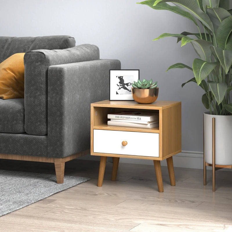 Natural Wood Bedside Table with Drawer and Shelf