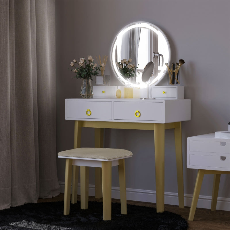 White LED Vanity Dressing Table Set with Mirror, 4 Drawers & Stool