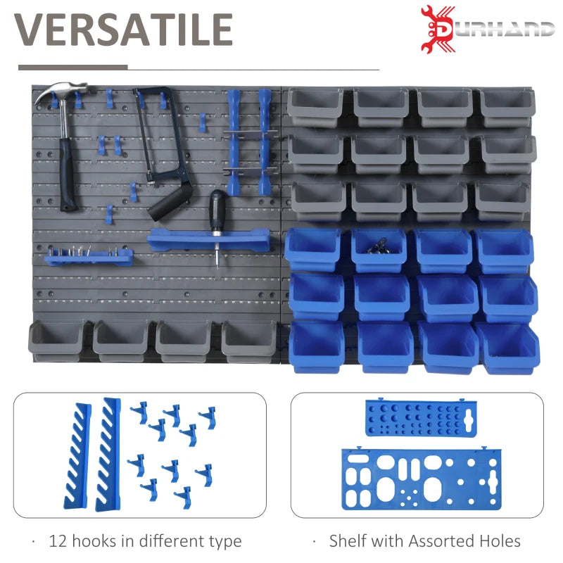 Blue Wall Mounted Tool Rack Organizer with 44 Storage Bins and Shelf