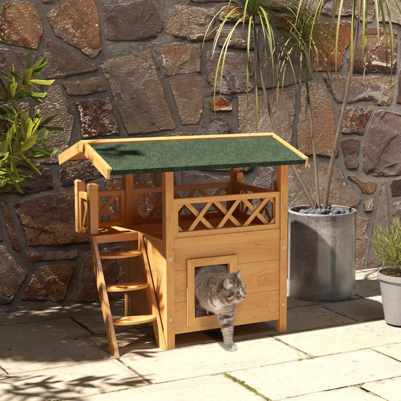 Outdoor Cat House with Balcony and Stairs, Natural Wood Finish, 77 x 50 x 73 cm