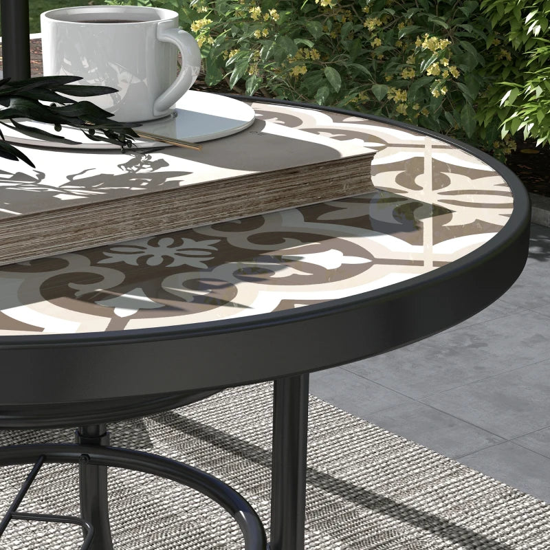 Brown Round Garden Table with Glass Printed Top - 60cm