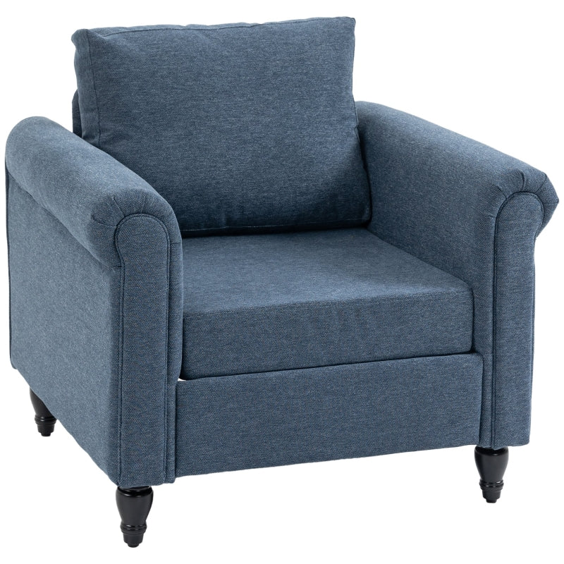 Dark Blue Upholstered Accent Chair with Rolled Arms and Back Pillow