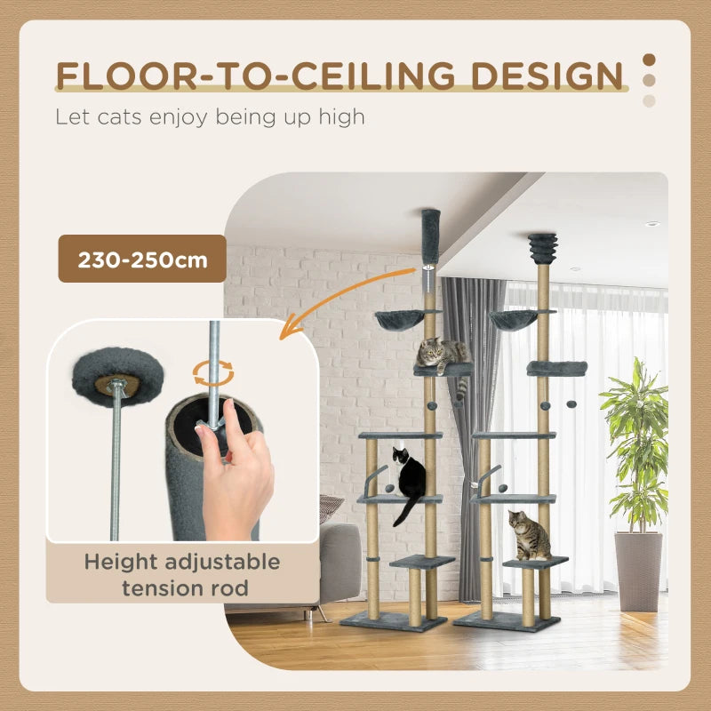 Grey 6-Tier Floor to Ceiling Cat Tree with Scratching Post and Hammock