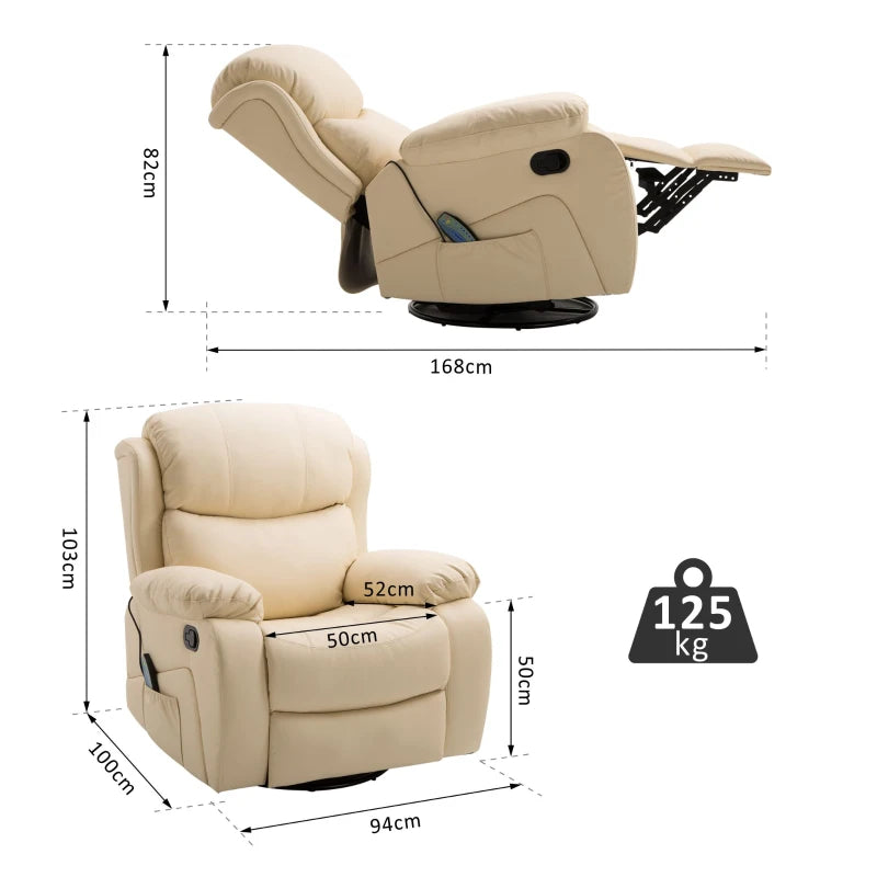 Beige PU Leather Massage Recliner with Swivel Base and Footrest