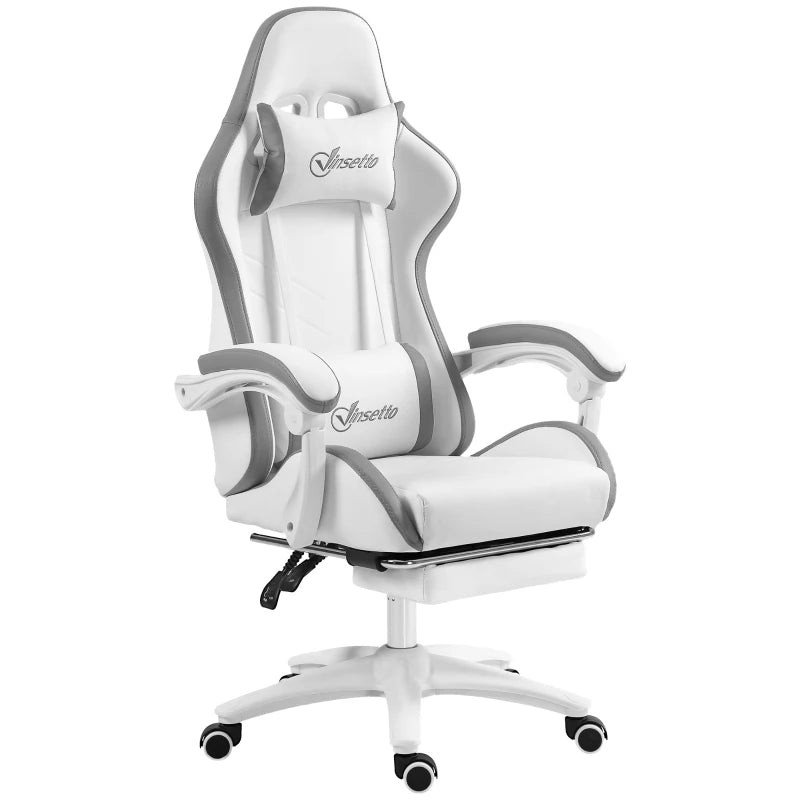 White & Grey Racing Gaming Chair with Footrest and Swivel Seat