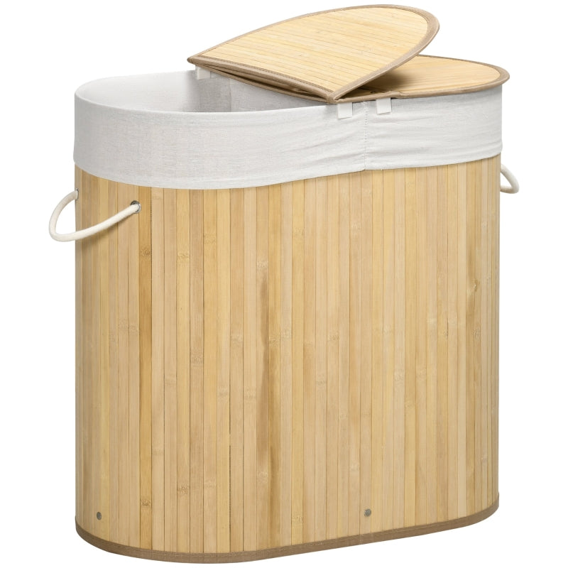 Natural Bamboo Laundry Hamper with 2 Sections, 100L Capacity