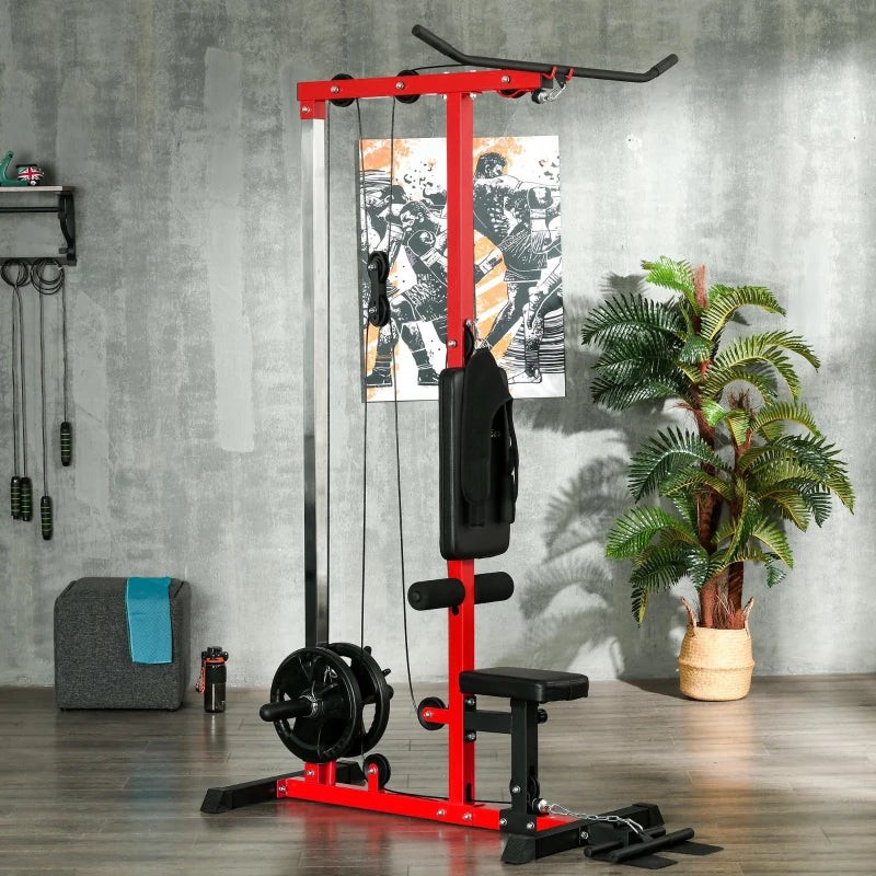 Red Pull Up Station with Adjustable Seat and Lat Pulldown - Home Gym Fitness Equipment