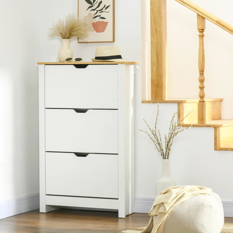 White Slim Shoe Cabinet with 3 Flip Drawers - 18 Pairs Storage