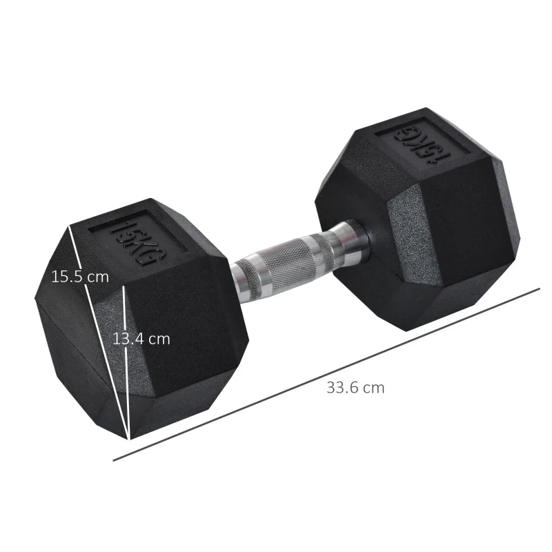 Black 15KG Rubber Hex Dumbbell Set - Portable Hand Weights for Home Gym