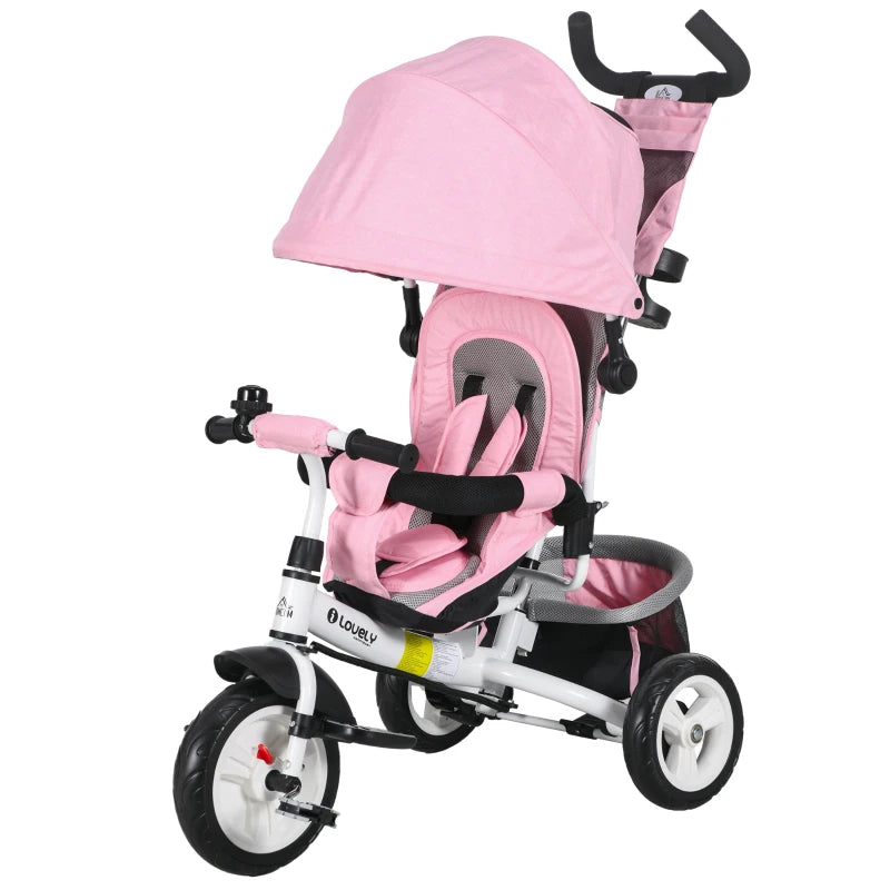 Pink 6-in-1 Kids Trike with Push Handle, Canopy, Safety Belt, Storage, Footrest, Brake