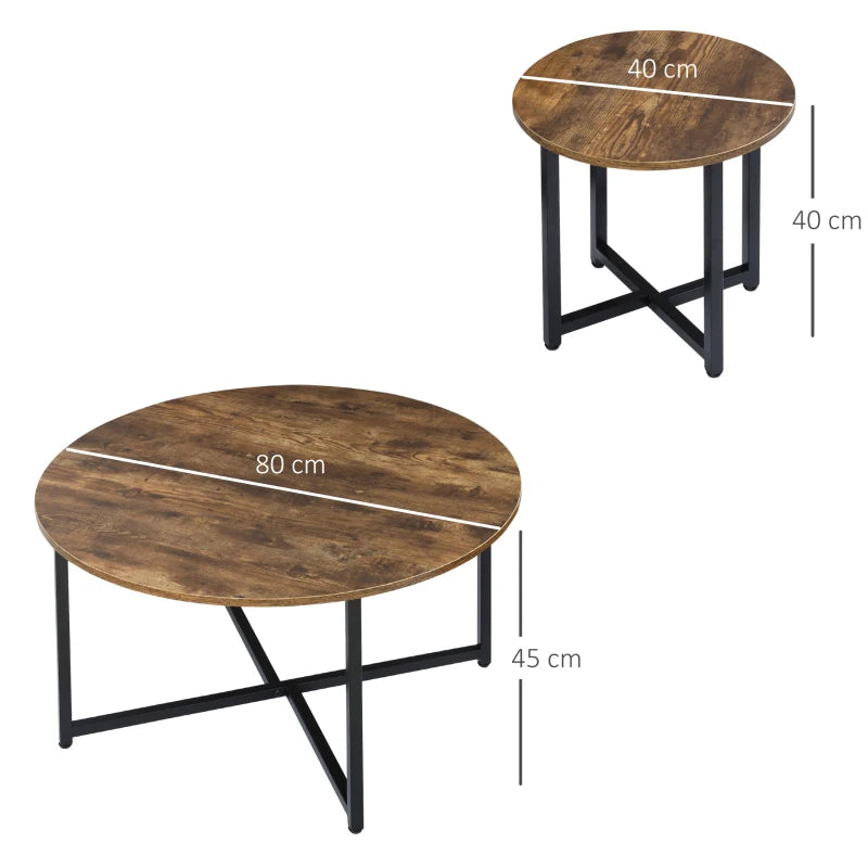 Rustic Brown Metal Frame Round Coffee Table Set - Industrial Side Tables for Living Room