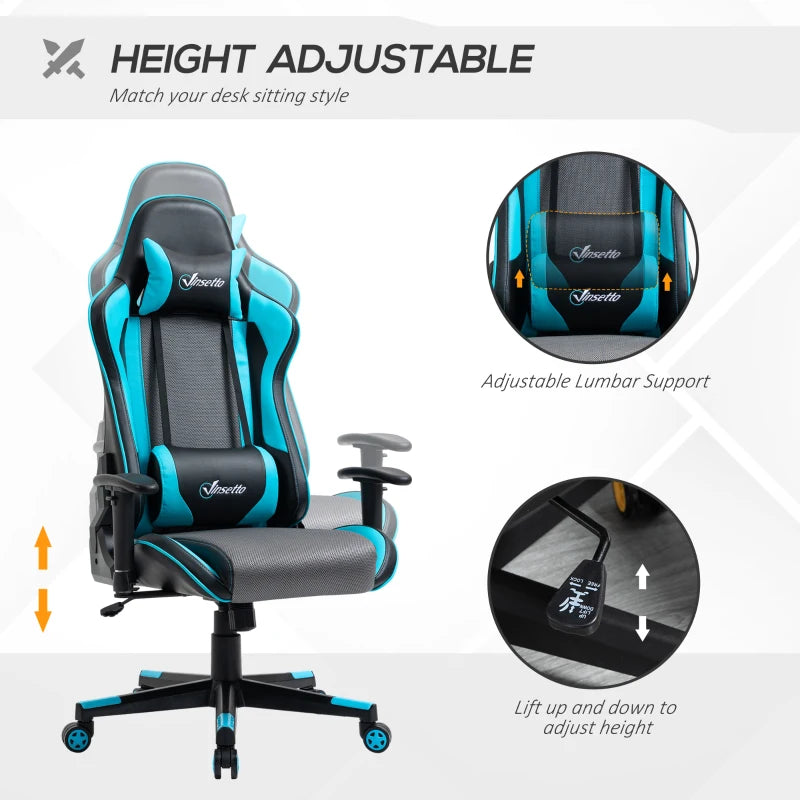 Sky Blue Racing Style Gaming Chair with Headrest and Lumbar Support