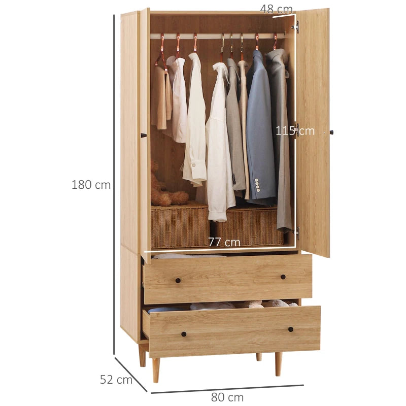 Natural Tone Wardrobe with 2 Doors, 2 Drawers, Hanging Rail - Bedroom Clothes Storage 80x52x180cm