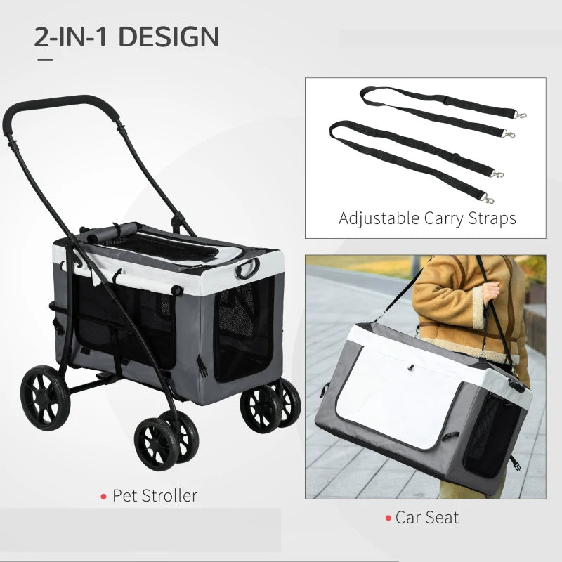 Grey Foldable Dog Stroller with Detachable Carrier for Mini Dogs