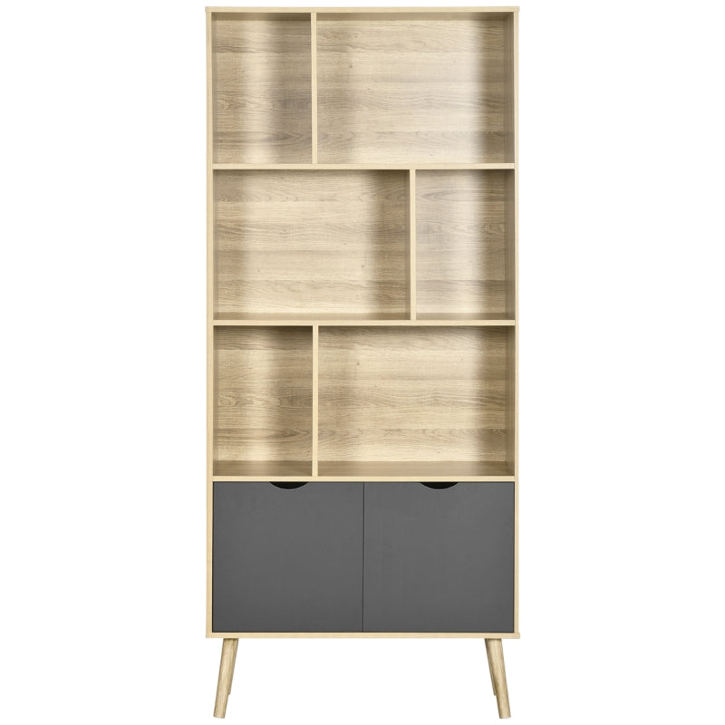 Modern Bookcase with Bottom Cabinet and 6 Open Shelves, Natural & Dark Grey