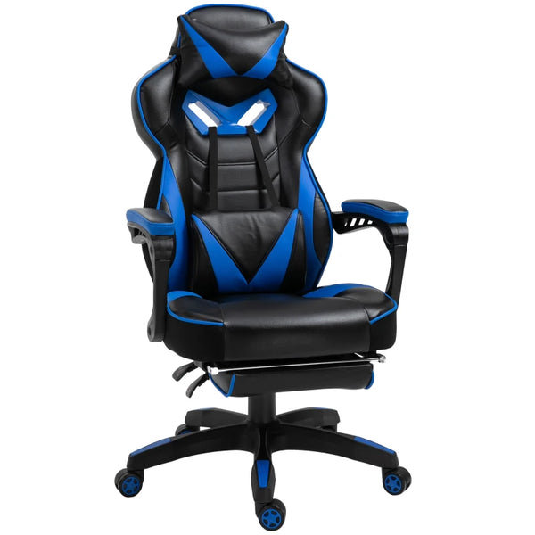 Blue Gaming Chair with Lumbar Support, Footrest, and Headrest