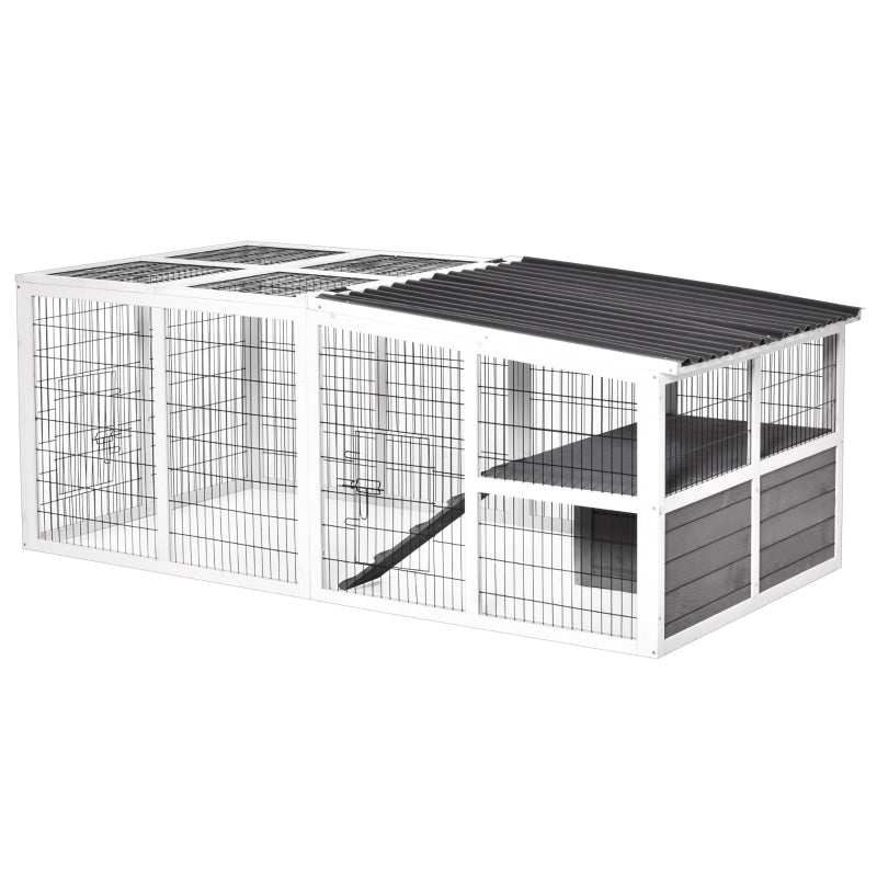 Grey Wooden Rabbit Run with Openable Roof and Ramp - 200L x 100W x 75H cm