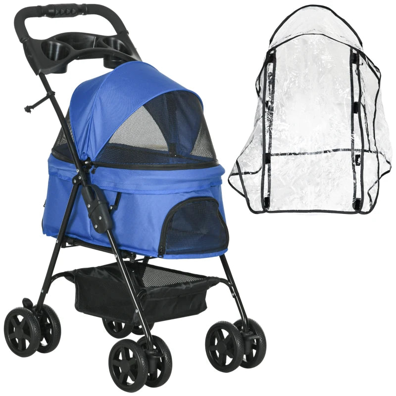 Blue Dog Stroller with Rain Cover and Safety Features