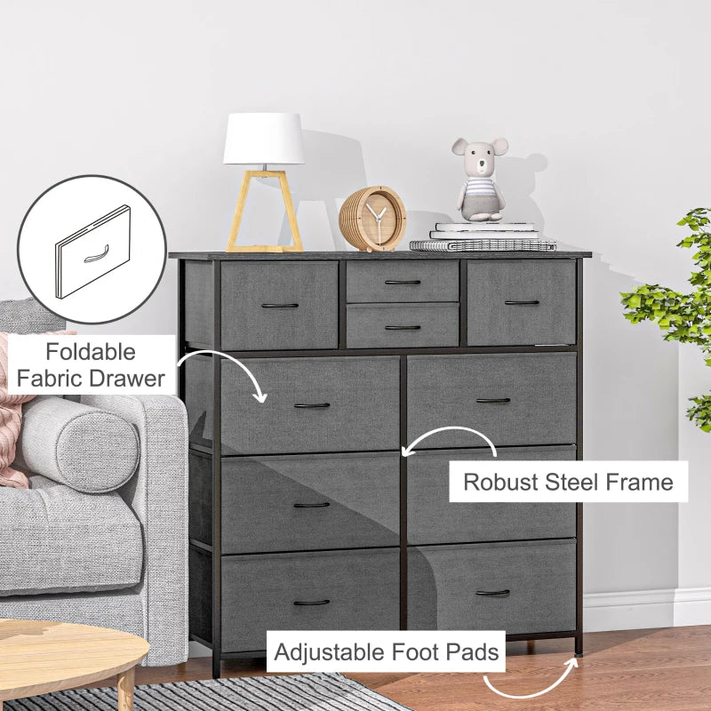 Black 10-Drawer Fabric Dresser with Steel Frame