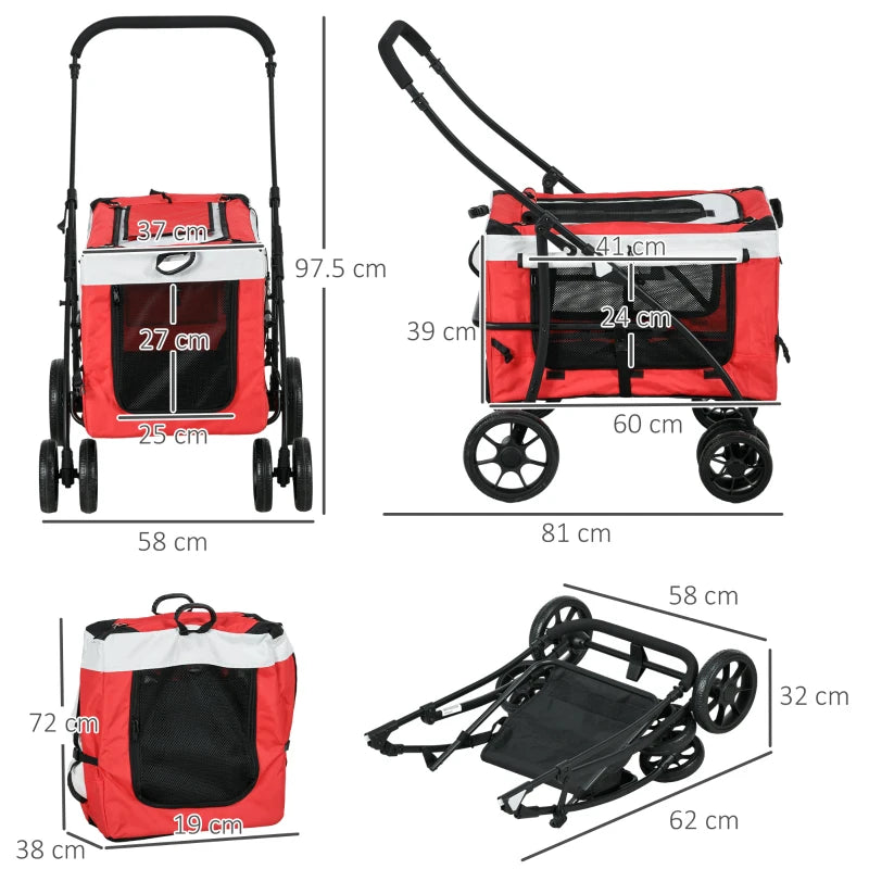 Red Foldable Dog Stroller with Detachable Carrier for Mini Dogs