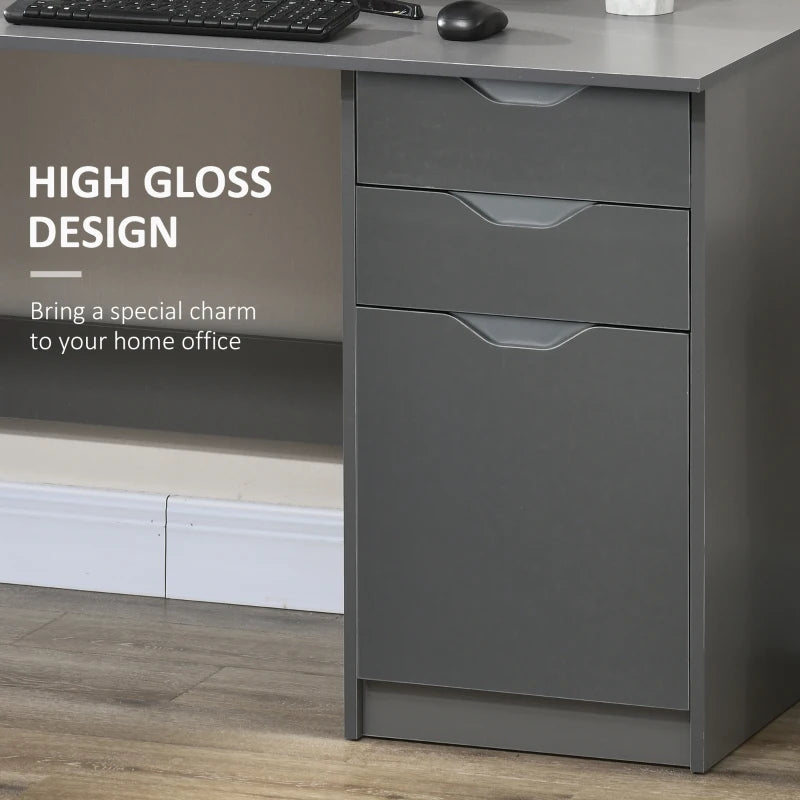 Grey High Gloss Computer Desk with Drawers and Storage Cabinet, 120x60cm