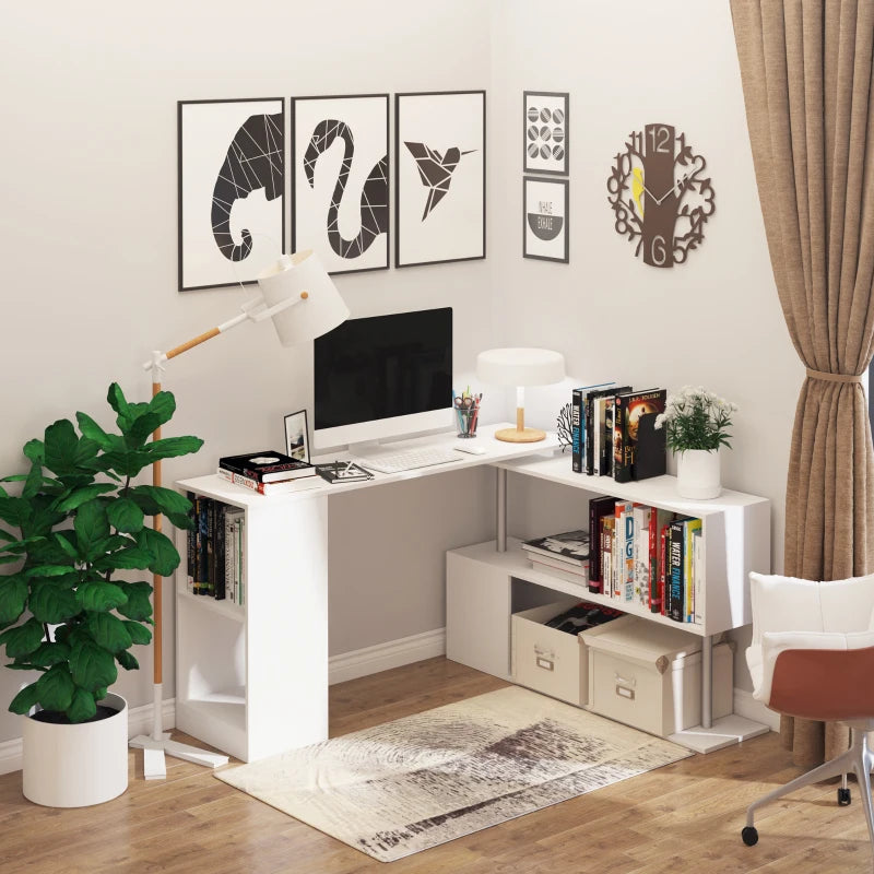 White L-Shaped Rotating Corner Desk with Storage Shelf - Home Office Workstation