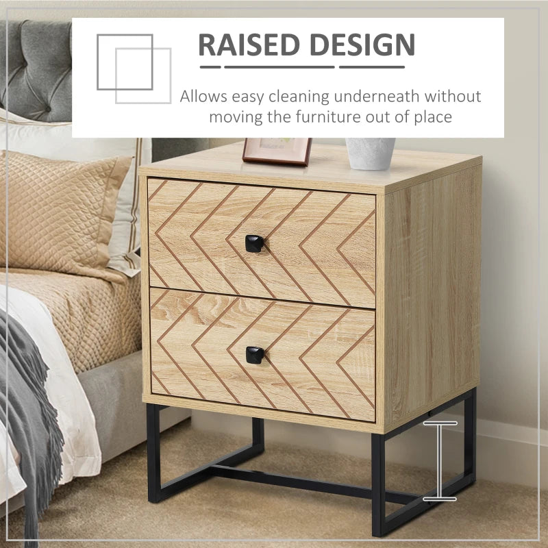 Modern Two-Drawer Nightstand with Zig Zag Design, Natural Finish