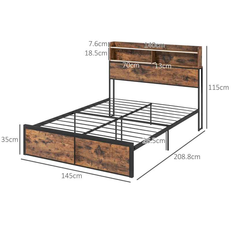 Rustic Brown Industrial Double Bed Frame with Storage, 4.8FT Steel Base, Headboard, Footboard, Slatted Support - 145 x 209cm