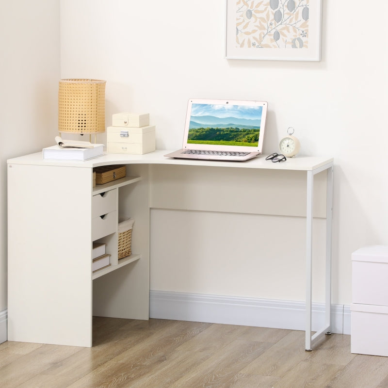White L-Shaped Computer Desk with Drawers and Storage Compartments