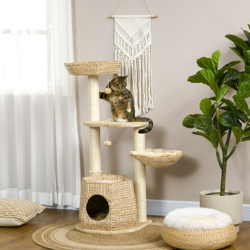 Cat Tree Activity Centre with Cattail, Bed, House, Sisal Post, Ball - Natural